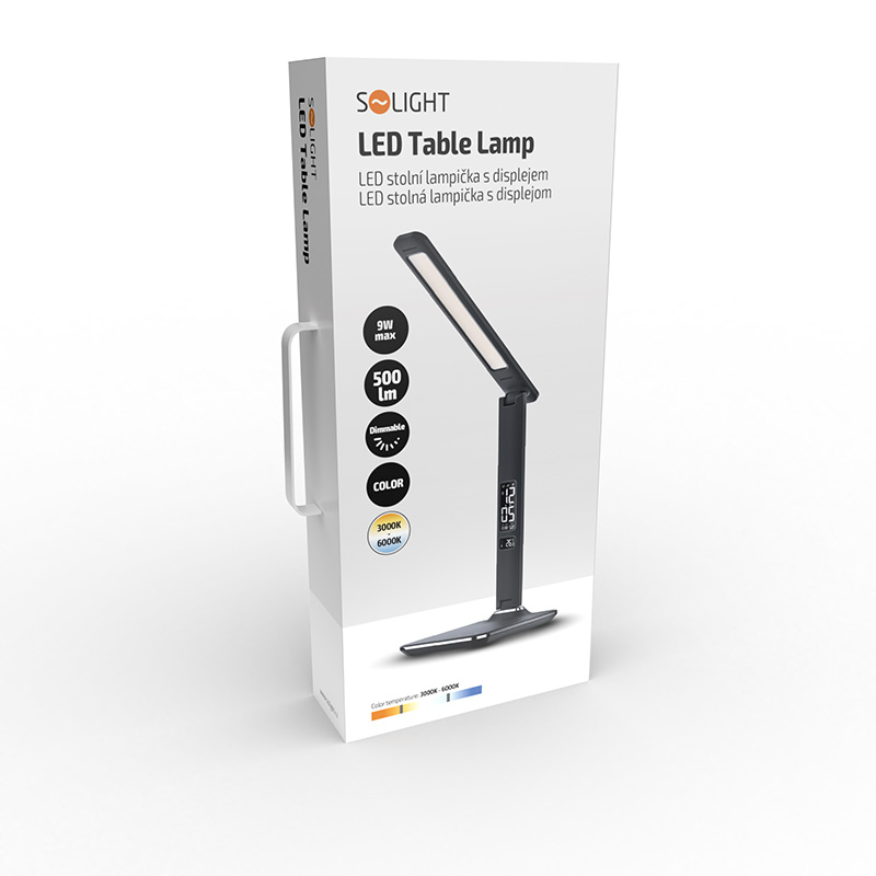 Solight LED asztali lámpa kijelzővel, 9W, választható fényhőmérséklet, bőr, fekete