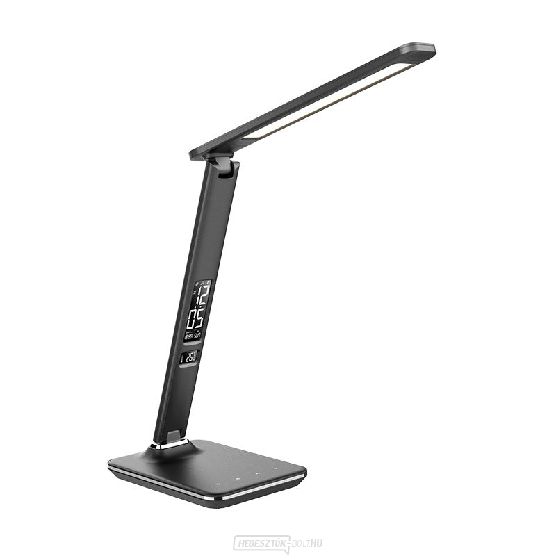 Solight LED asztali lámpa kijelzővel, 9W, választható fényhőmérséklet, bőr, fekete