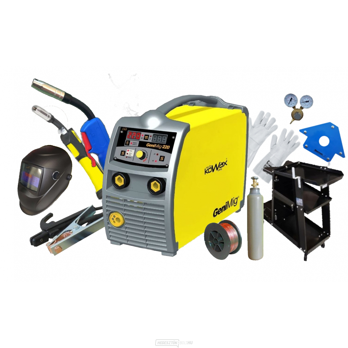 KOWAX GeniMig 220 MIG/MAG, MMA + Ultra 4m-es hegesztőpisztoly + kábelek + szelep + sisak + gurulós kocsi + drót + mágnes + kesztyű + teli henger