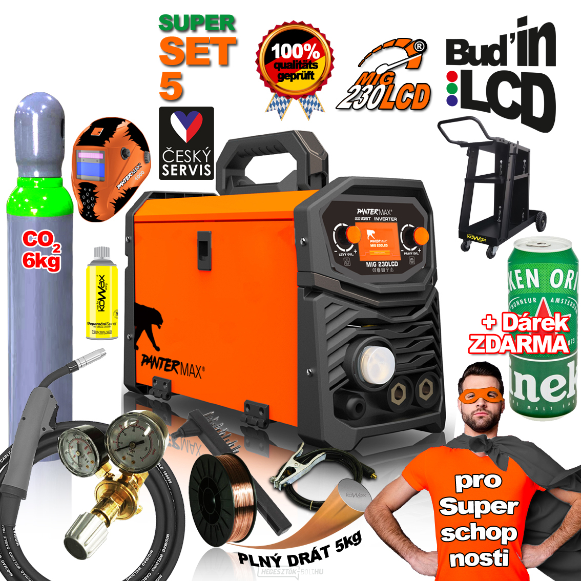 PANTERMAX MIG230LCD inverteres hegesztő MIG/TIG/MMA + Sisak + Piros. Szelep + 5 kg-os drót + teli CO2 palack + Váz + Égő