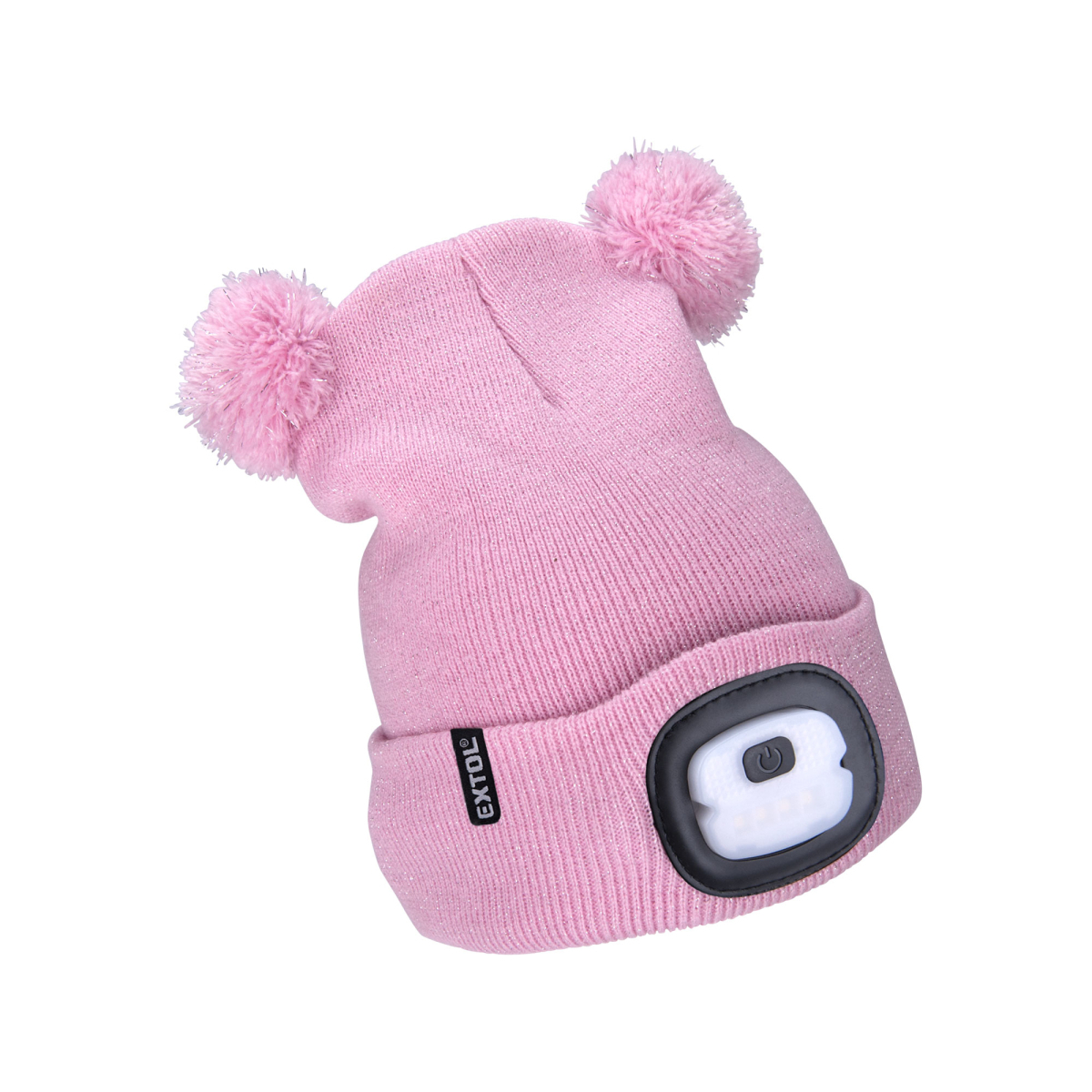 4x25lm-es fejlámpa fejpánttal, USB töltéssel, rózsaszín csillámokkal és pomponokkal, gyermekeknek való