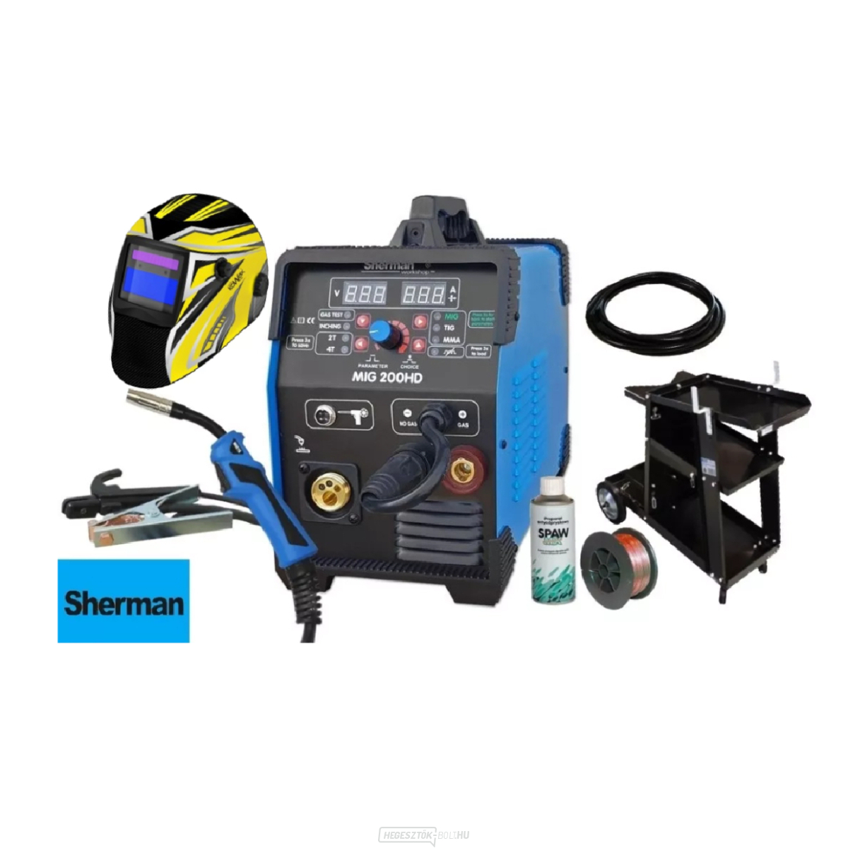 Sherman MIG 200 HD + kábelek + zseblámpa + vezeték + spray + burkolat + kocsi