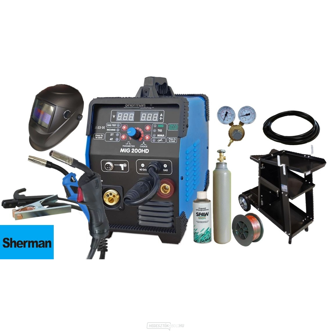 Sherman MIG 200 HD + Kábelek + 3m-es égő + 4m-es égő + Drót + Spray + Sisak + Kocsi + Szelep + Tele CO2 Palack