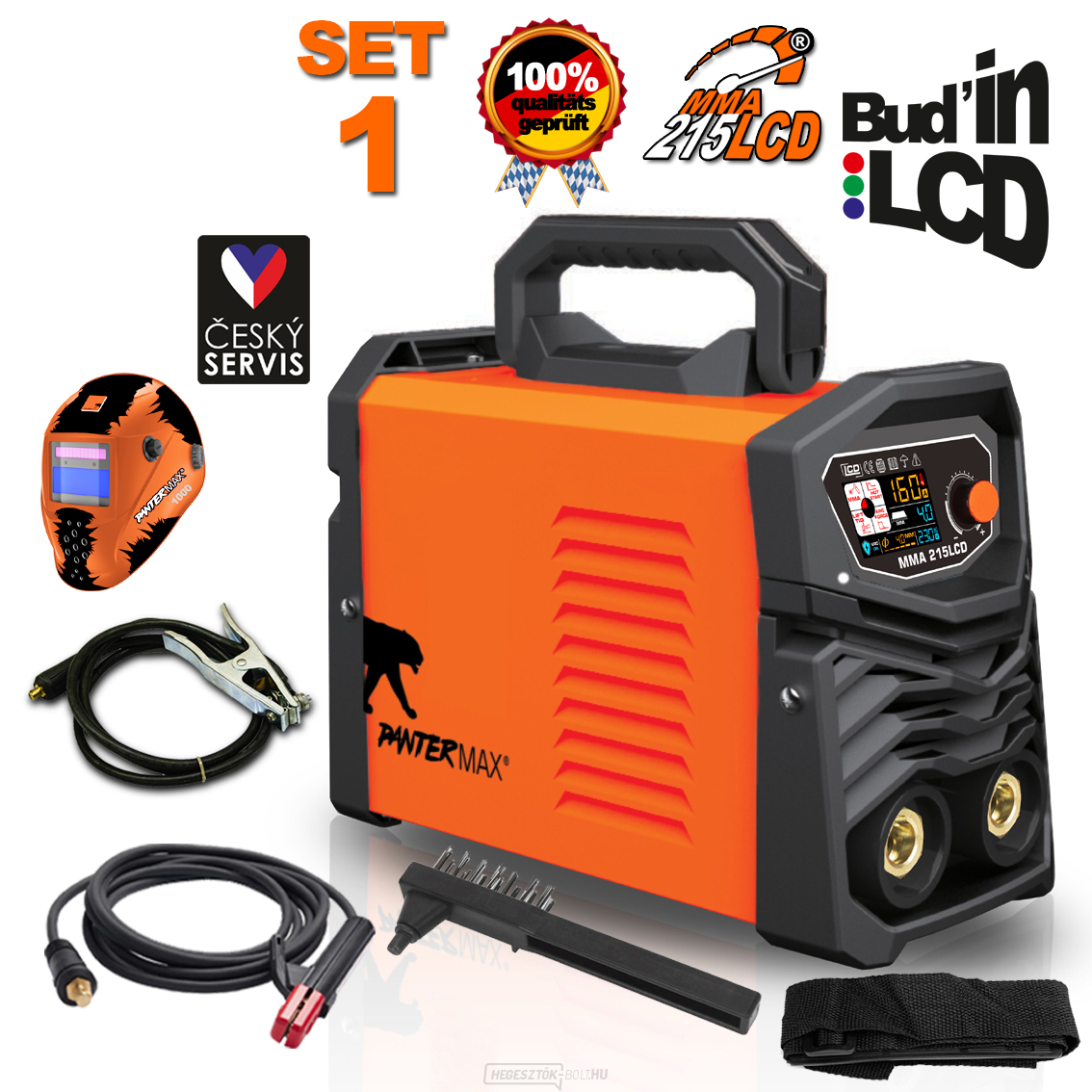PANTERMAX MMA215LCD MMA/TIG inverteres hegesztő + kábelek + motorháztető + kefe + szíj