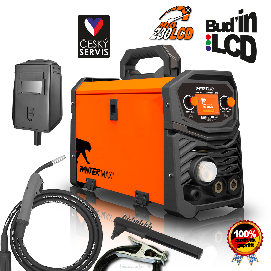 PANTERMAX MIG230LCD inverter MIG/TIG/MMA hegesztő + kábelek + zseblámpa + kefe