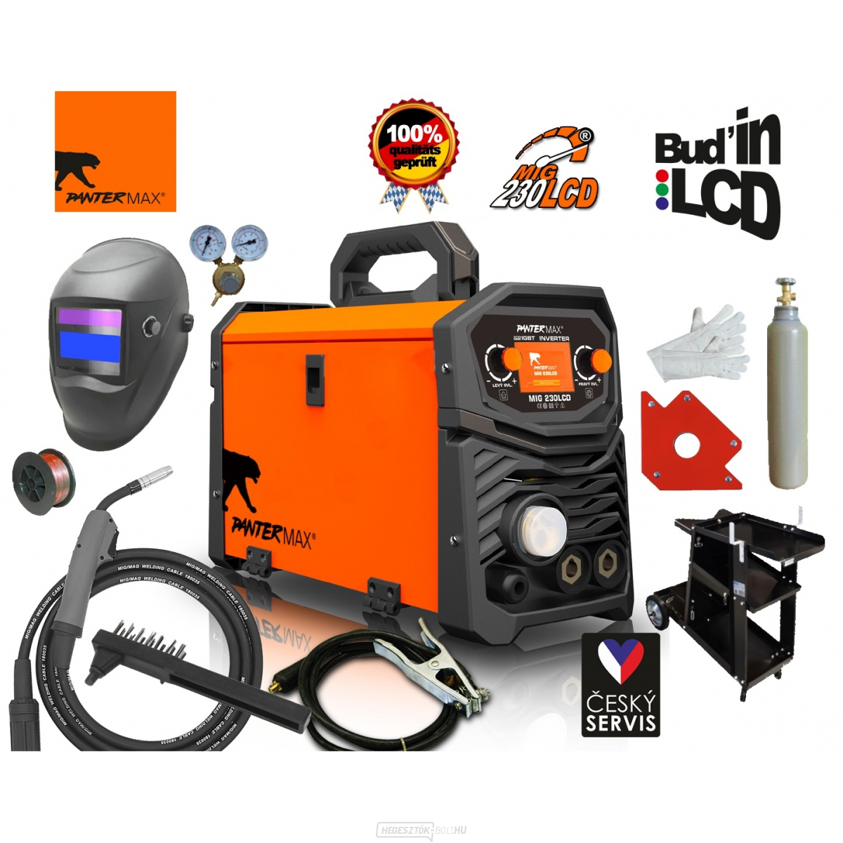 PANTERMAX® MIG230LCD hegesztés. MIG/MMA/TIG inverter + Kábelek + Hegesztőpisztoly + Bura + Szelep + Kocsi + Huzal + Mágnes + Tele CO2 palack