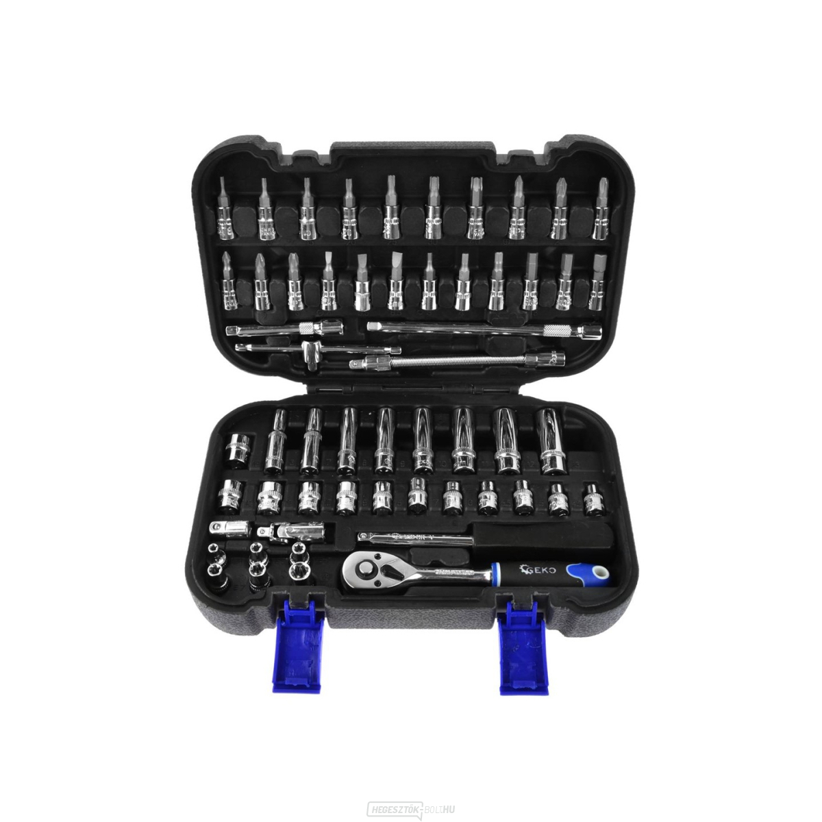 Gola készlet Geko G10153 1/4", racsnis, fej és bitek - 56 db