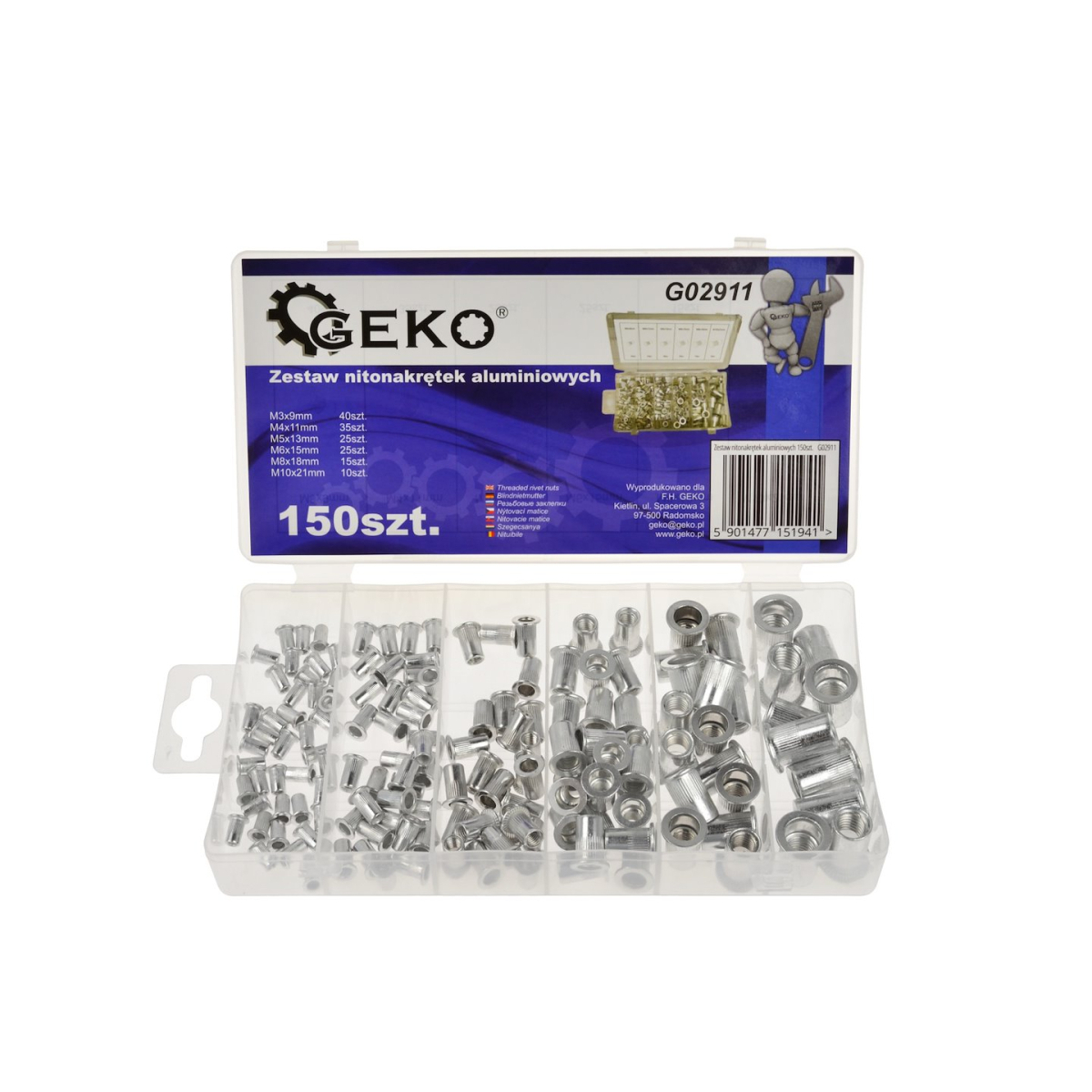 GEKO szegecsek - szegecsanyák, M3 - M10, lapos fejű, alumínium, 150 db-os készlet.