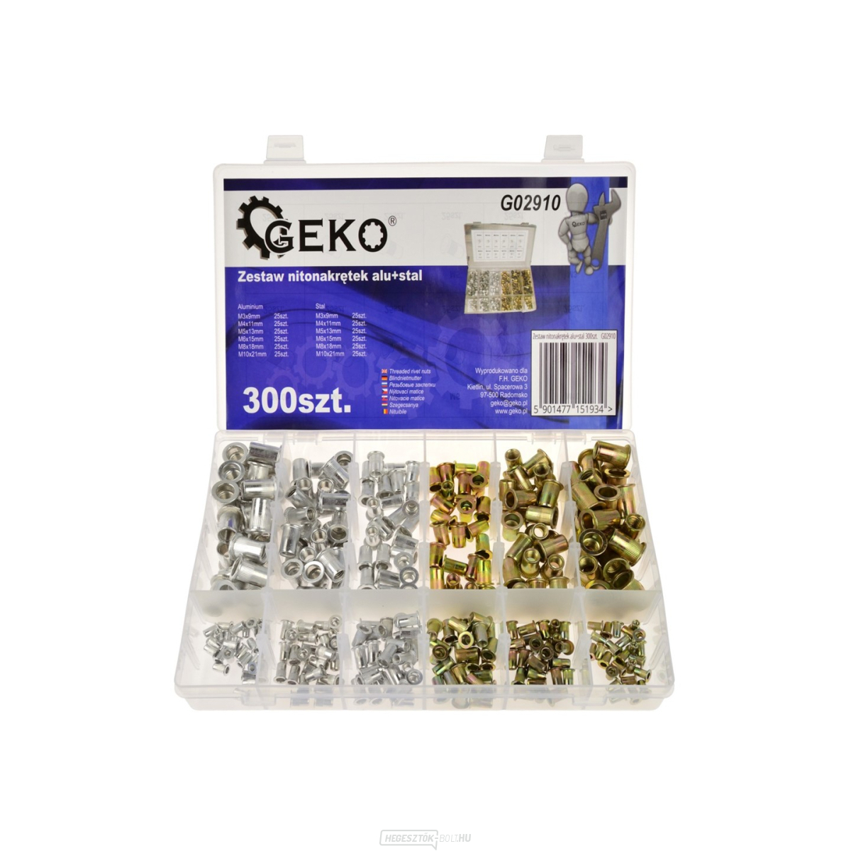 GEKO Nut szegecsek - szegecsanyák, M3 - M10, lapos fejű, acél és alumínium, 300 db-os készlet.