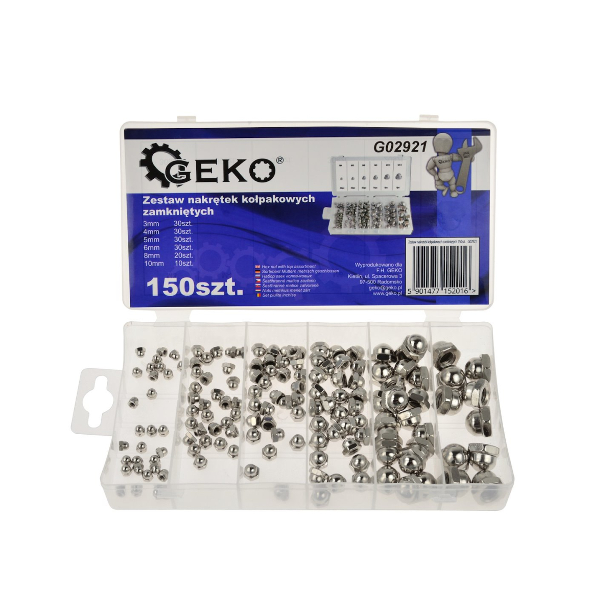 GEKO félgömb alakú, zárt fejű anyák, M3 - M10, 150 db-os készlet.