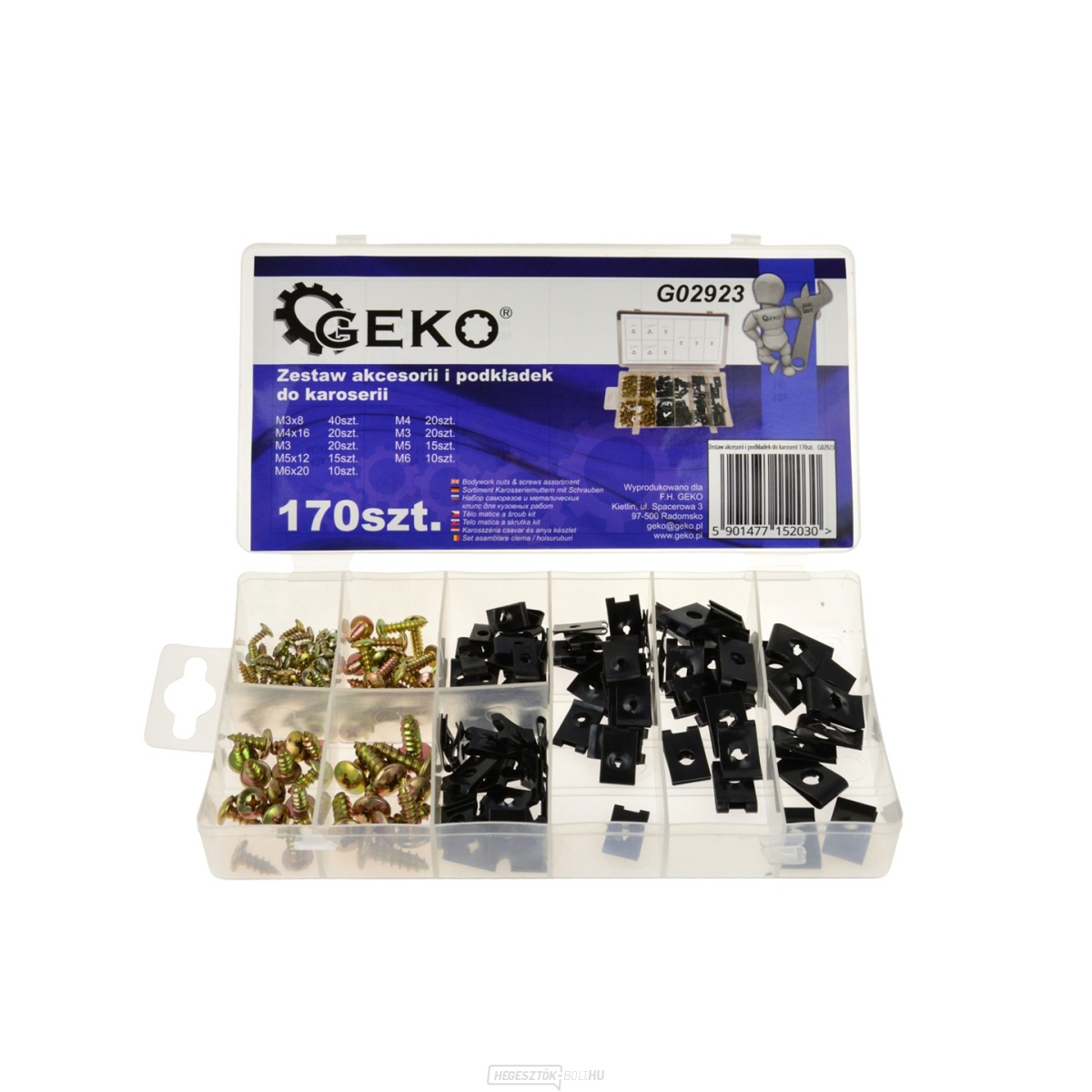GEKO önmetsző csavarok és hajlékony anyák karosszériához, különböző méretekben - 170 db