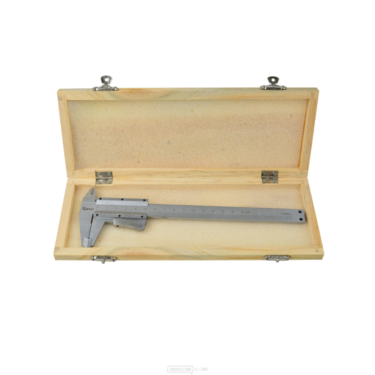 GEKO Fém csúszó mérleg, 0-150mm x 0,02, fadoboz