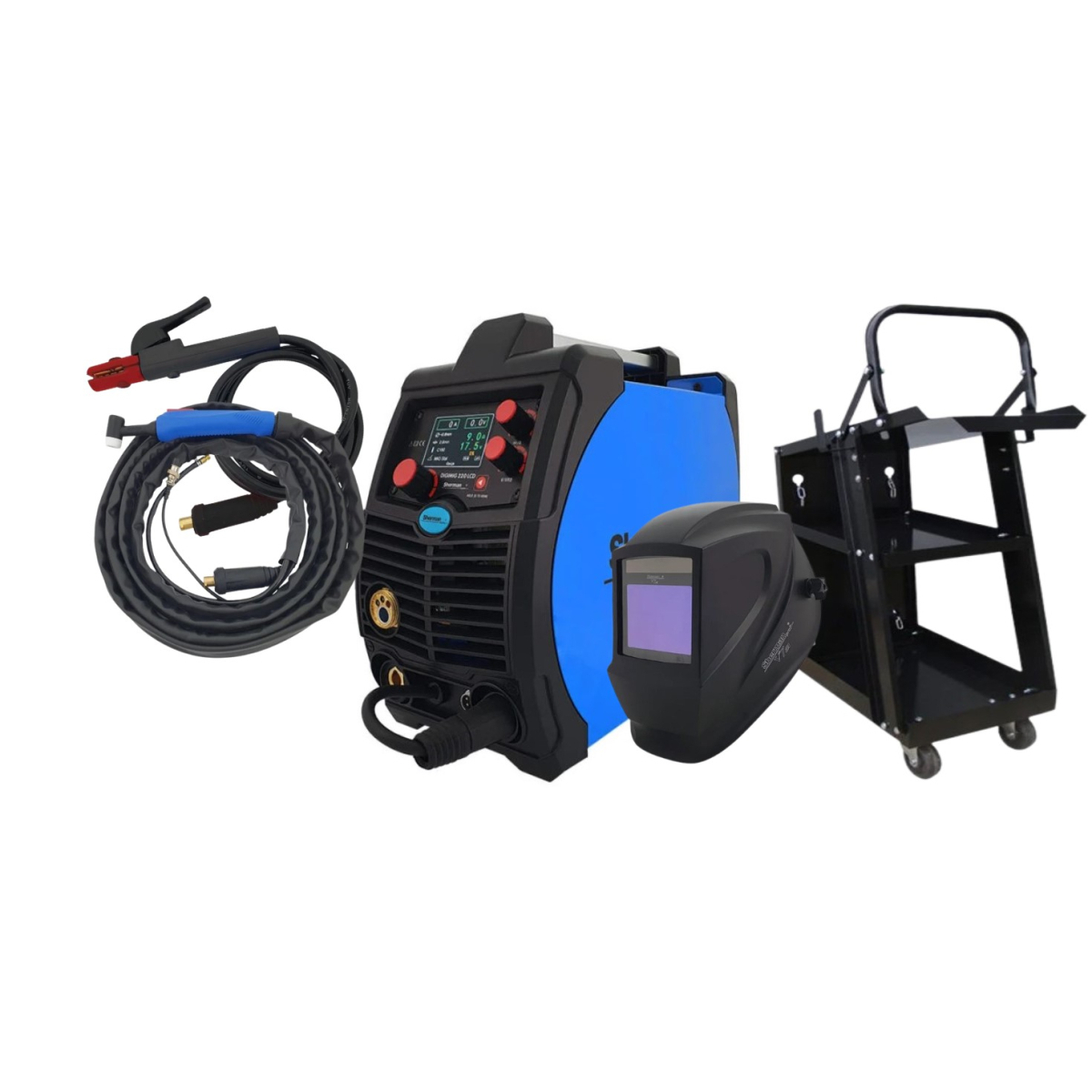 Sherman Synergic inverteres hegesztő DIGIMIG 220 LCD + TIG hegesztőpisztoly + MIG hegesztőpisztoly + kábelek + V7A sisak + gurulós kocsi