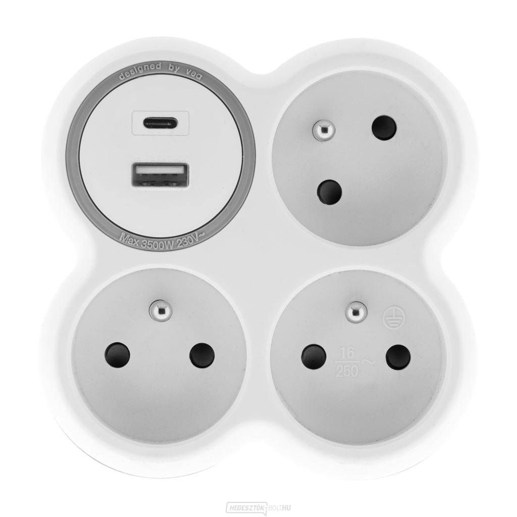 Solight csatlakozódoboz, 3x 16A, USB töltő A+C, fehér-szürke