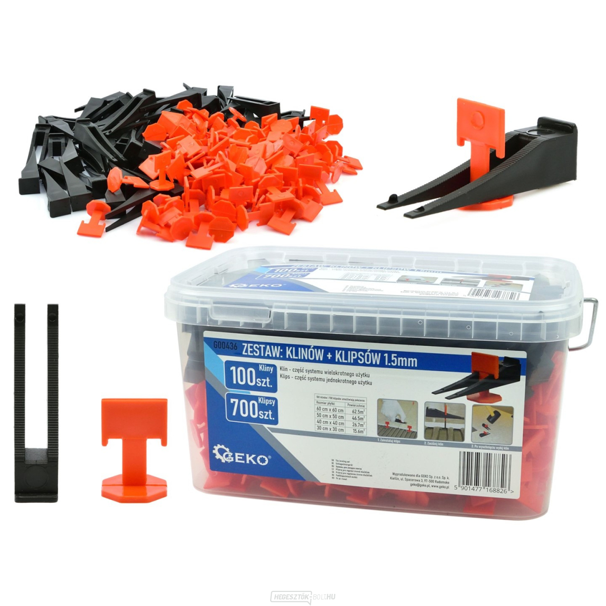 GEKO szintező rendszer csempéhez és burkolathoz 100 ék + 700 kapocs 1,5 mm