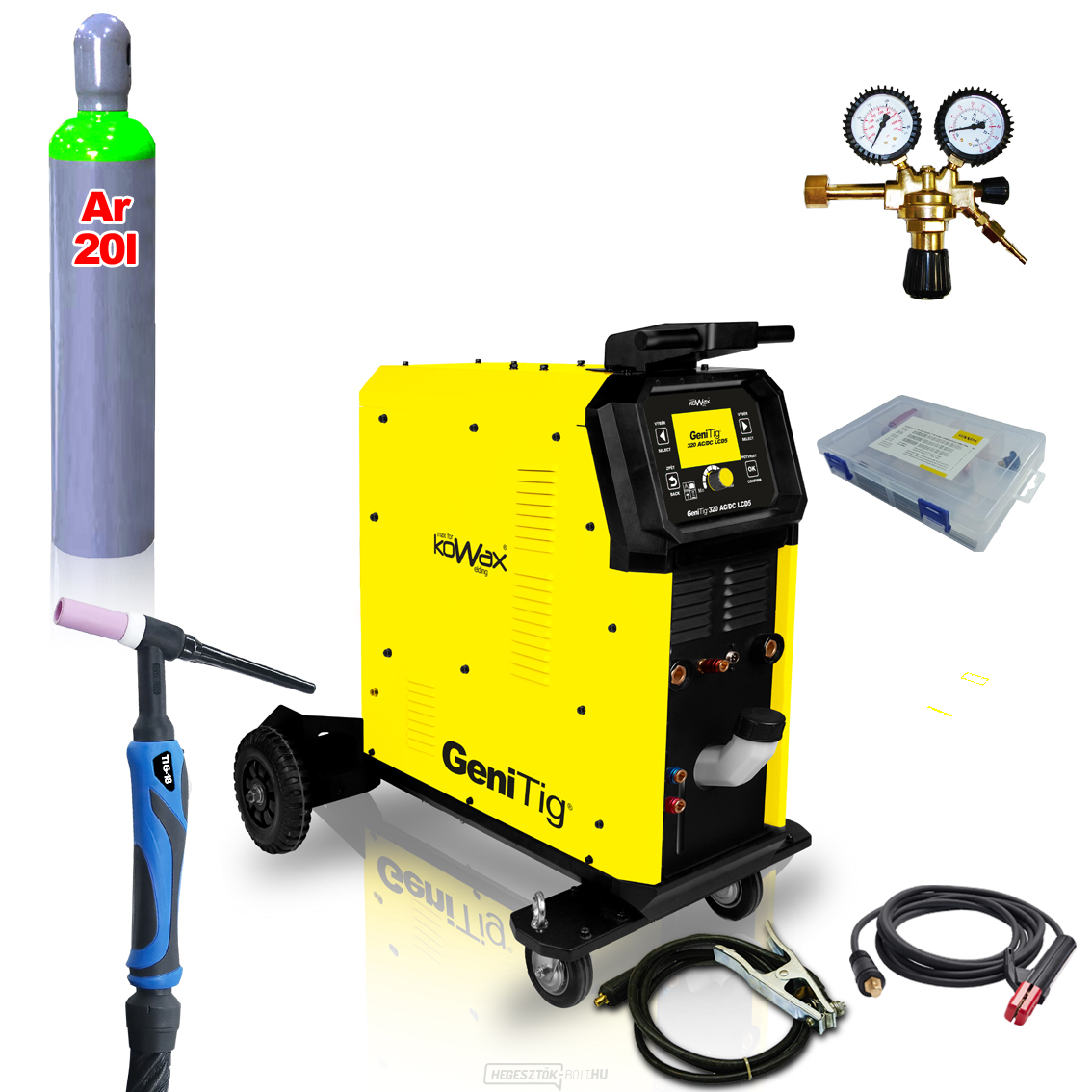 KOWAX GeniTig®320 AC/DC LCD5 + TIG18 hegesztőpisztoly + ház + hűtő + nyomáscsökkentő szelep + argonpalack