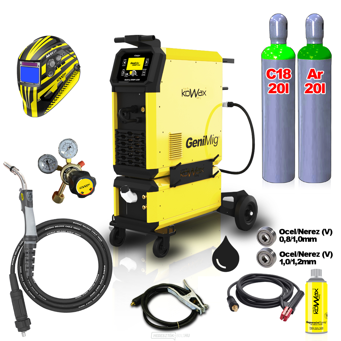 KOWAX GeniMig®355DP LCD5 + Vízhűtés + Sisak + Zseblámpa + Teljes CO2 palack + Argon palack