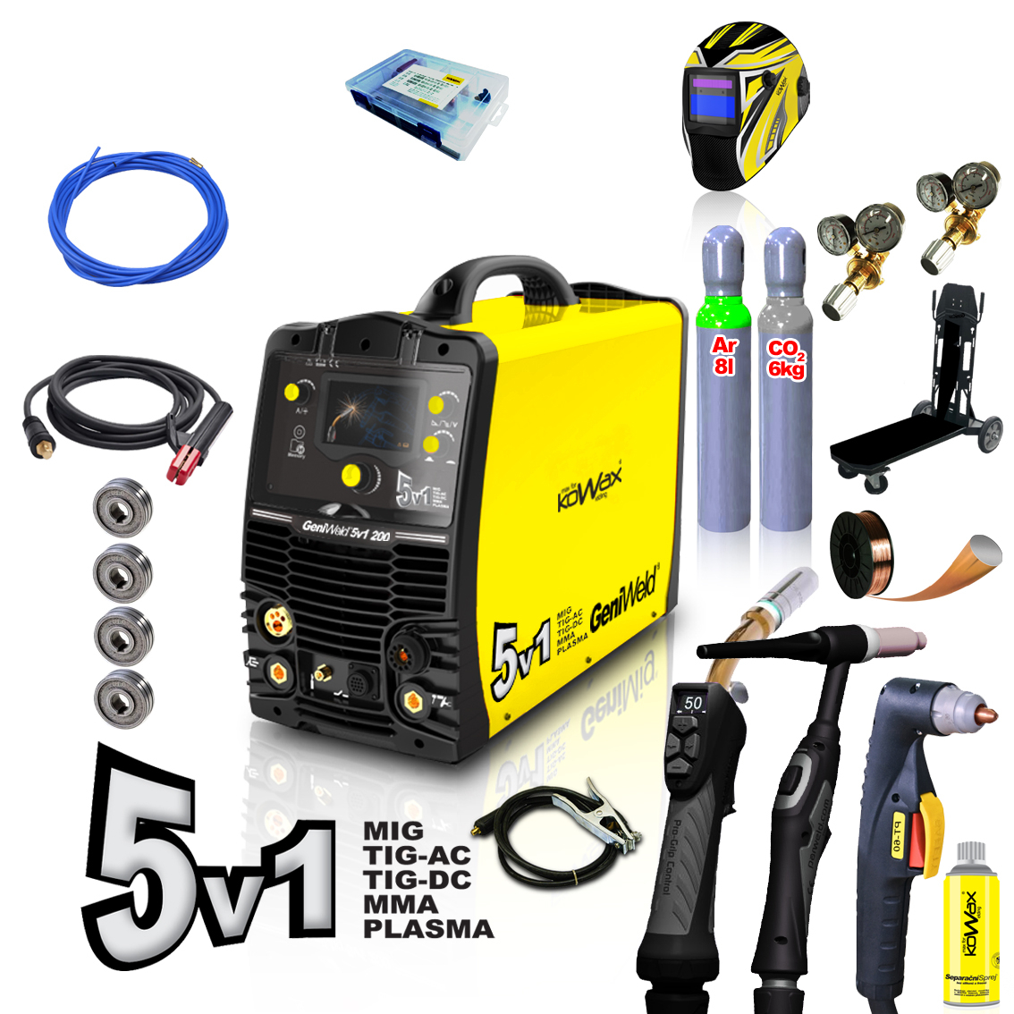 KOWAX GeniWeld®5in1 200 + PANTER sisak + CO2 csökkentő szelep + Ar+CO2 csökkentő szelep + teli CO2 nyomáspalack 8l
