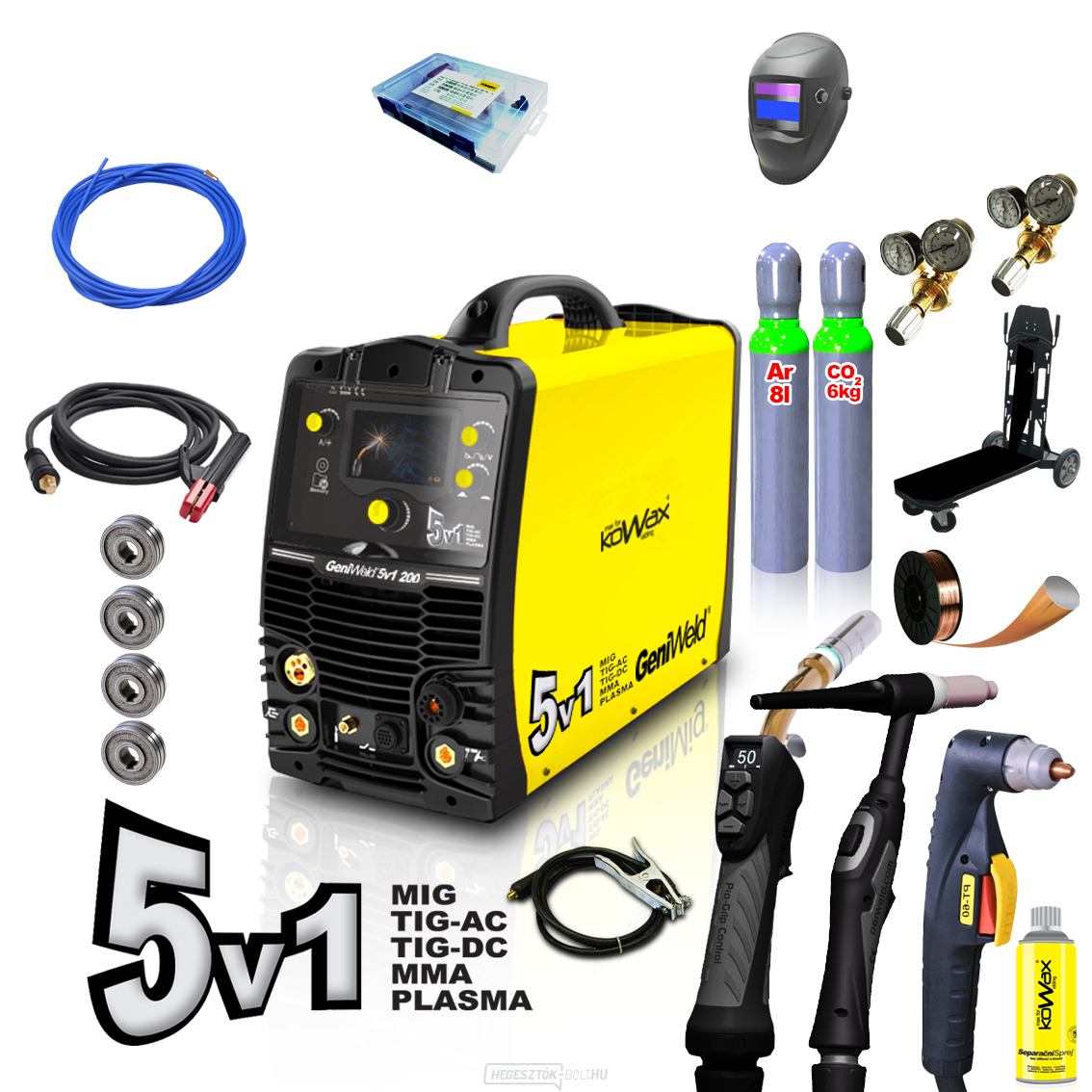KOWAX GeniWeld®5in1 200 + PANTER sisak + CO2 csökkentő szelep + Ar+CO2 csökkentő szelep + teli CO2 nyomáspalack 8l 