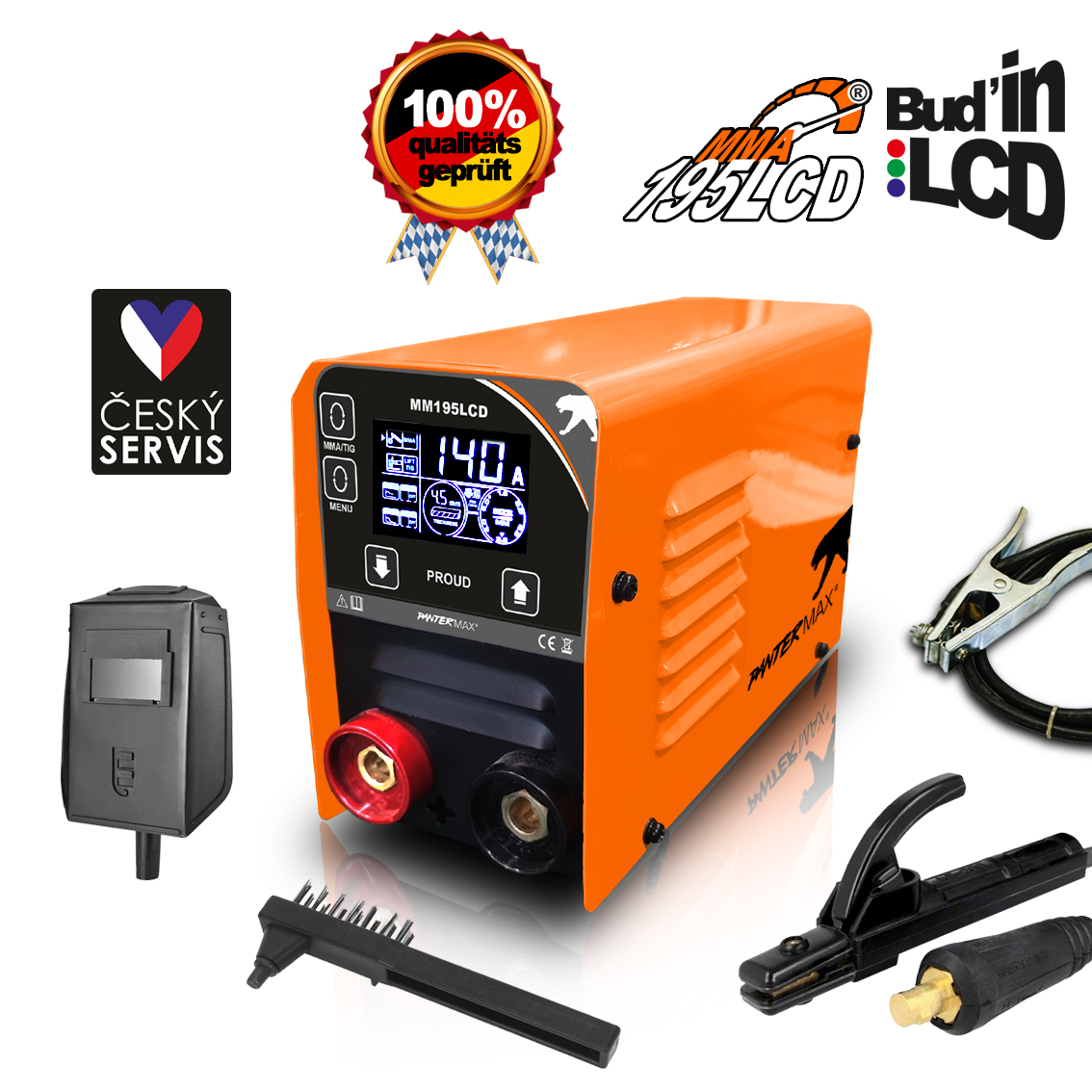 PANTERMAX MMA195LCD MMA/TIG inverteres hegesztő + 1,5 m kábelek + pajzs + kefe