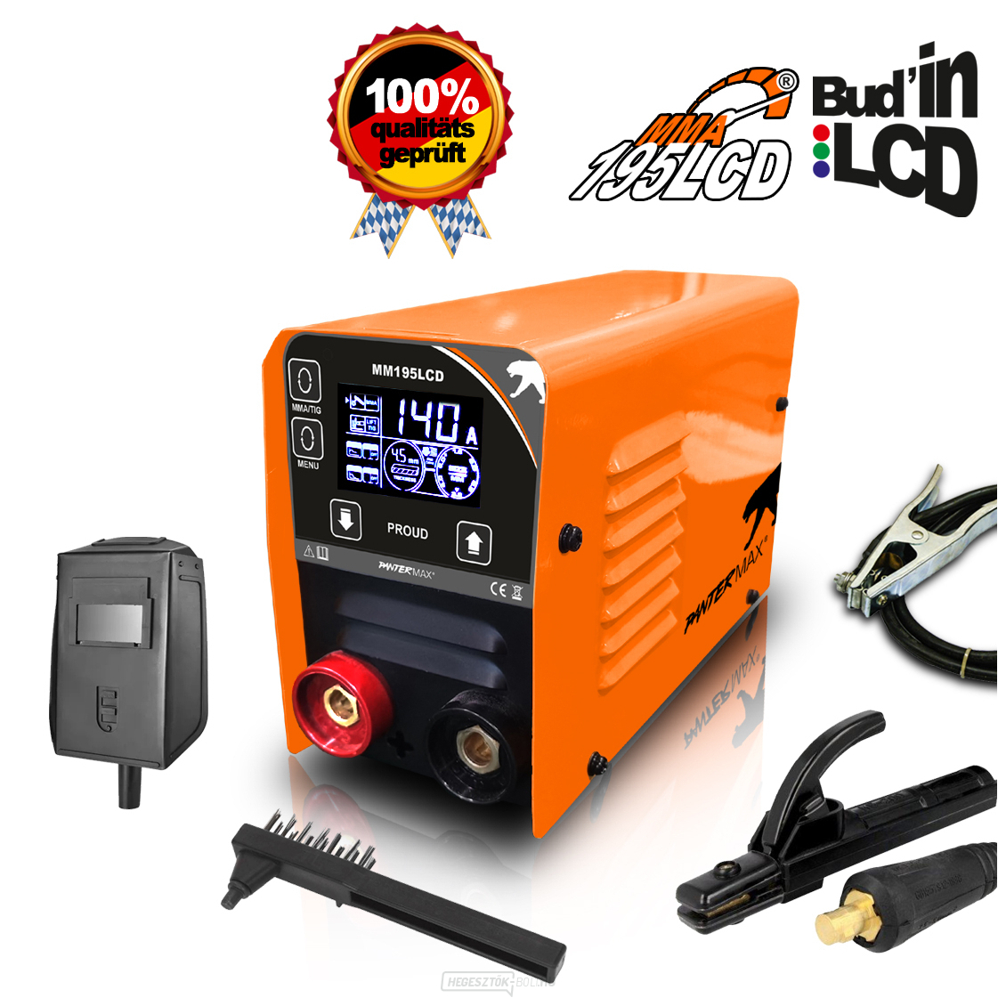 PANTERMAX MMA195LCD MMA/TIG inverteres hegesztő + 1,5 m kábelek + pajzs + kefe