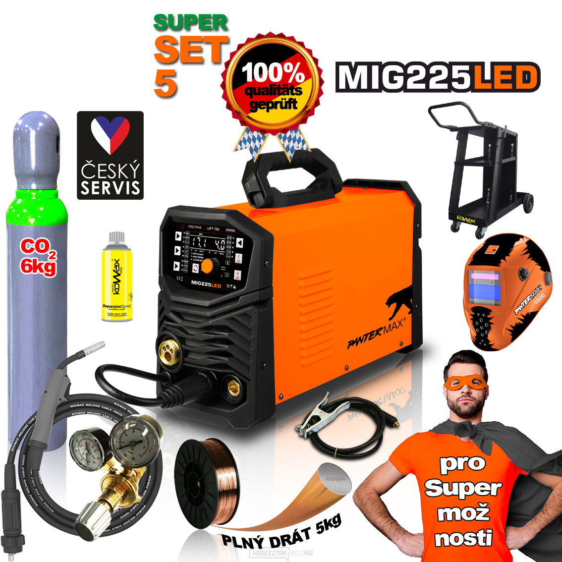 PANTERMAX MIG225LED inverteres hegesztő MIG/TIG/MMA + Sisak + Kábelek + Pisztoly + teli Co2 palack + Piros. Szelep + Alváz 