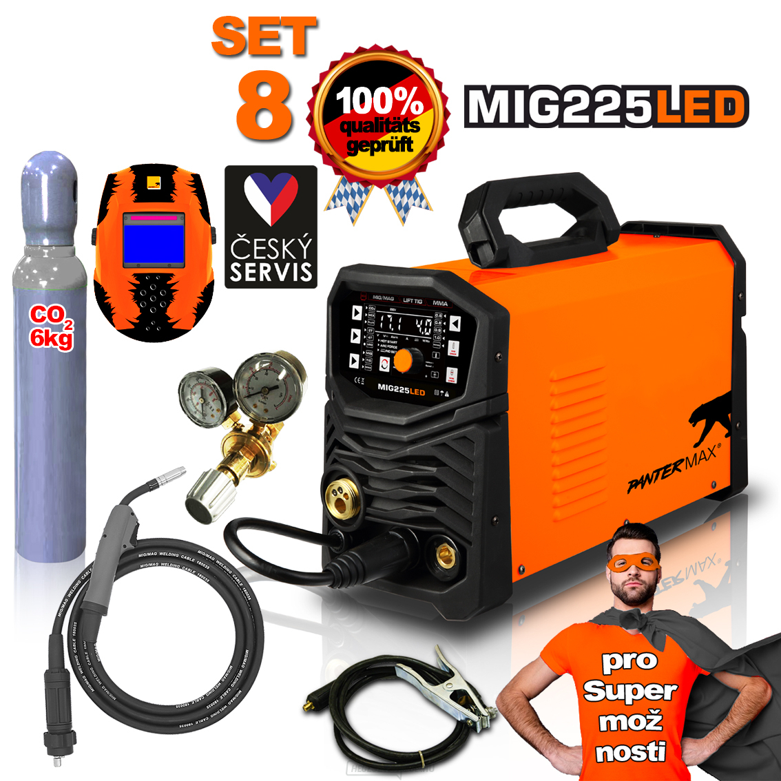 PANTERMAX MIG225LED inverteres hegesztő MIG/TIG/MMA + 3m kábelek + Pisztoly + Sisak + teli Co2 palack + Piros. szelep
