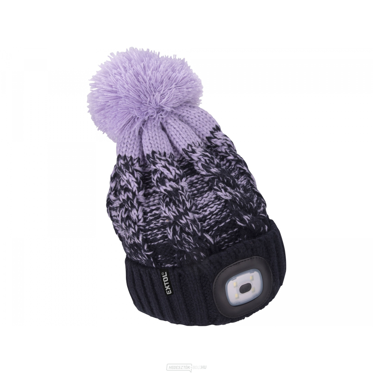 Kupak fejlámpával 4x45lm, USB töltés, sötétkék/lila pomponnal, univerzális méret