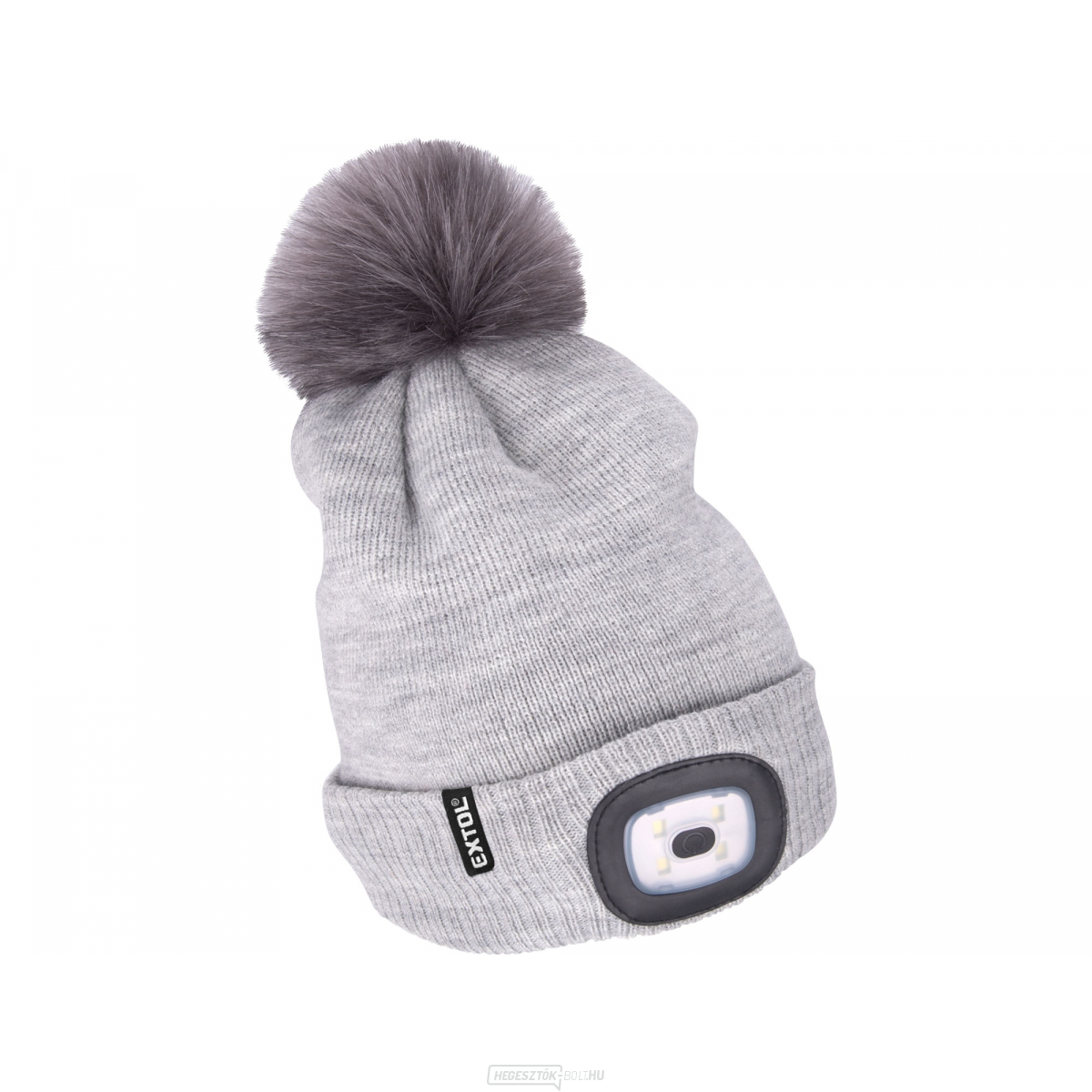 Fejlámpás sapka 4x45lm, USB töltés, világosszürke pomponnal, univerzális méret