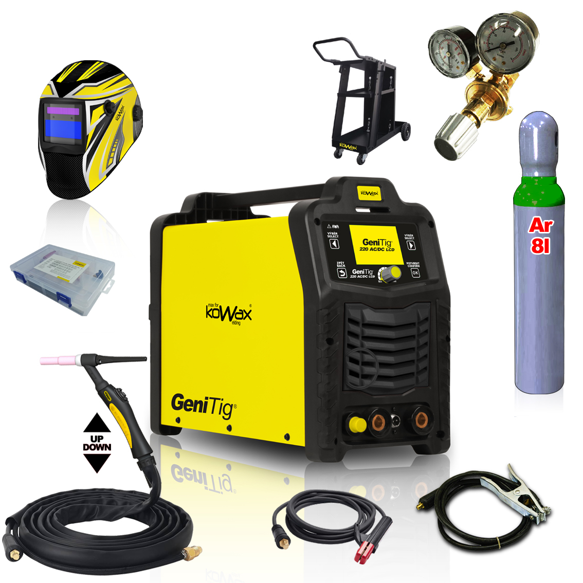 KOWAX GeniTig® 220AC/DC LCD + T26A hegesztőpisztoly 4m + kábel. 3m + tömlő + kupak + szelep + teli AR palack + alváz