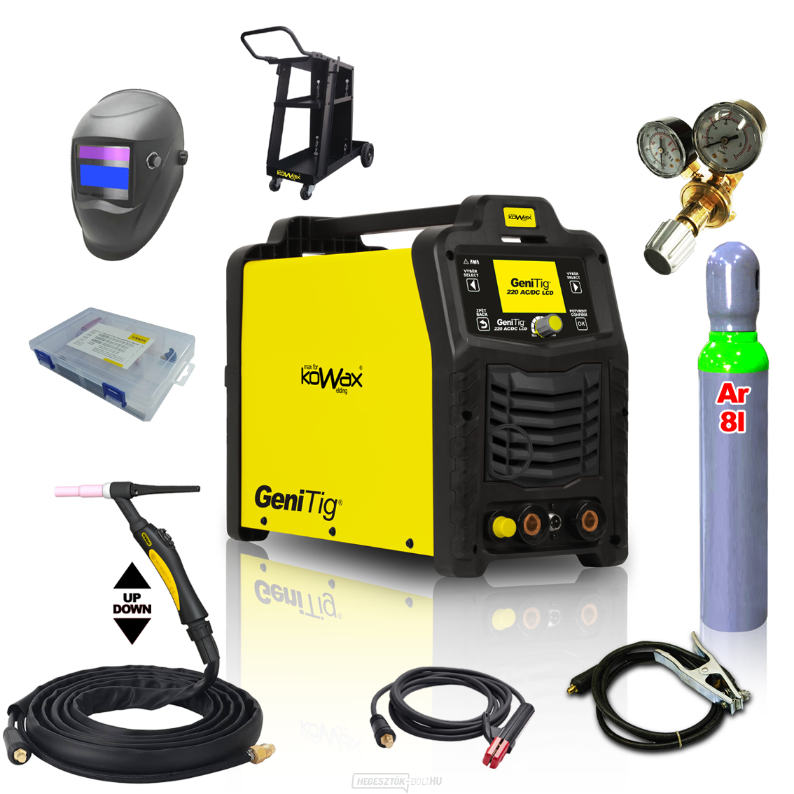 KOWAX GeniTig® 220AC/DC LCD + T26A hegesztőpisztoly 4m + kábel. 3m + tömlő + kupak + szelep + teli AR palack + alváz
