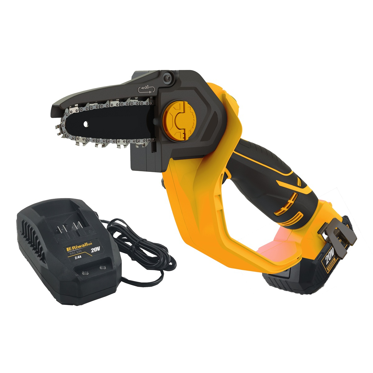 Riwall PRO RAHS 1820i SET akkus kézi láncfűrész 20 V kefe nélküli motorral + 2Ah akkumulátor + töltő