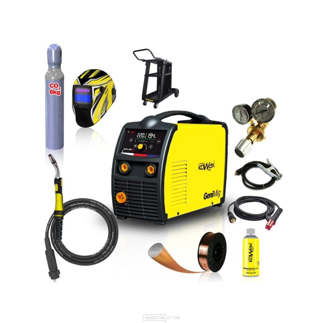 Kowax Genimig 220 LCD + Zseblámpa + Kábelek + Piros. Szelep + Burkolat + Drót + Spray + Kocsi + CO2 Palack