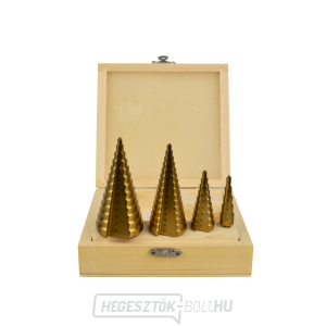 GEKO lépcsőfúró, 4 db-os készlet, 4-12mm, 4-20mm, 4-32mm, 4-39mm, fa patron, TiN GEKO lépcsőfúró, 4 db-os készlet, 4-12mm, 4-20mm, 4-32mm, 4-39mm, fa patron, TiN gallery main image