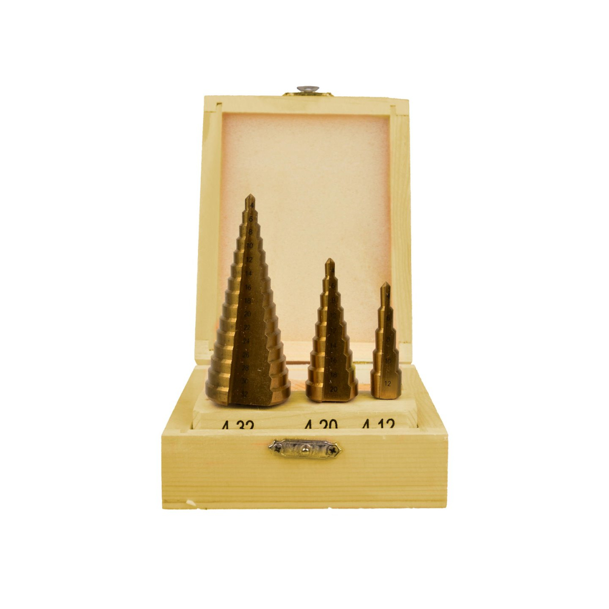 GEKO lépcsős fúrófejek, 3 darabos készlet, 4-12 mm, 4-20 mm, 4-32 mm, fabetéttel, TiN