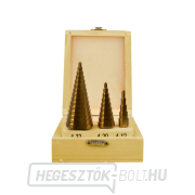 GEKO lépcsőfúró, készlet 3, 4-12mm, 4-20mm, 4-32mm, fa patron, TiN GEKO lépcsőfúró, készlet 3, 4-12mm, 4-20mm, 4-32mm, fa patron, TiN gallery main image