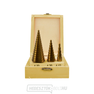 GEKO lépcsőfúró, készlet 3, 4-12mm, 4-20mm, 4-32mm, fa patron, TiN GEKO lépcsőfúró, készlet 3, 4-12mm, 4-20mm, 4-32mm, fa patron, TiN gallery main image