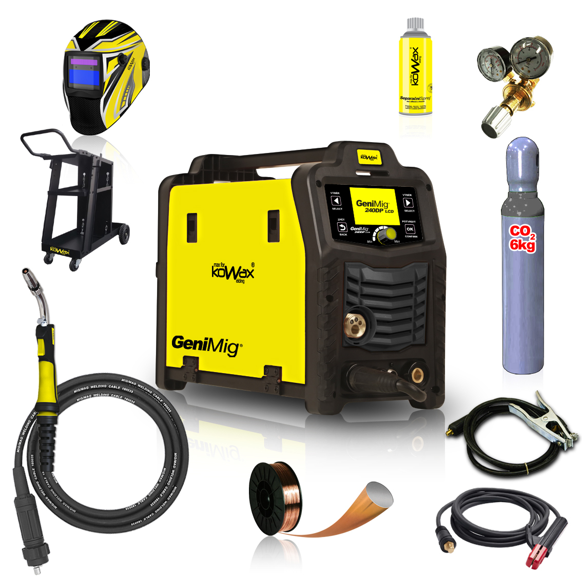 KOWAX GeniMig®240DP LCD + Zseblámpa + Sisak + Szelep + Váz + Teljes CO2 palack + Spray + 5 kg-os huzal + Kábelek