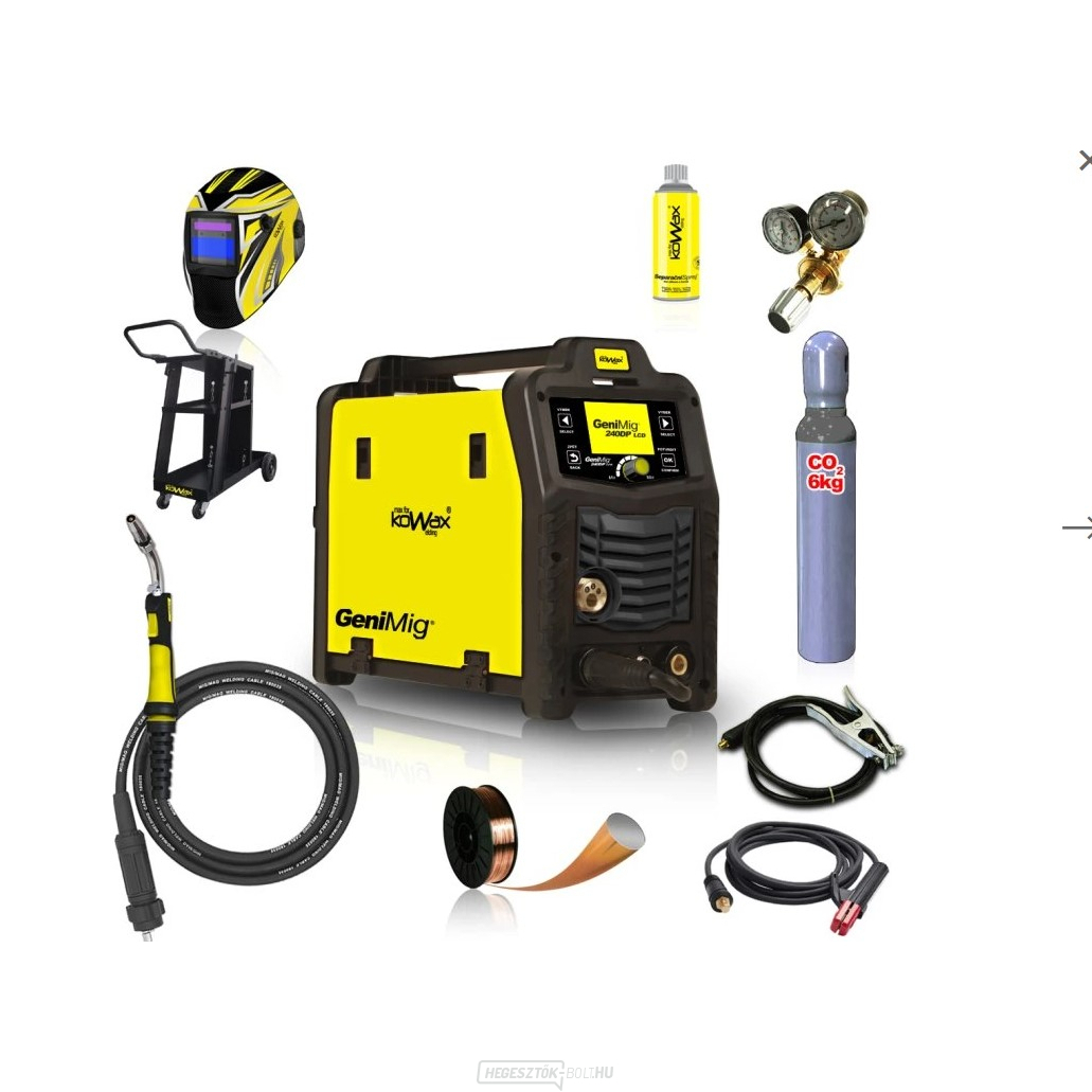KOWAX GeniMig®240DP LCD + Zseblámpa + Sisak + Szelep + Váz + Teljes CO2 palack + Spray + 5 kg-os huzal + Kábelek