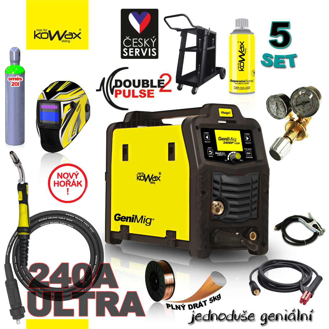 KOWAX GeniMig®240DP LCD + Zseblámpa + Sisak + Szelep + Váz + Teljes CO2 palack + Spray + 5 kg-os drót + Kábelek
