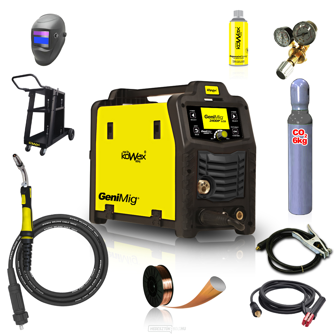 KOWAX GeniMig®240DP LCD + Zseblámpa + Sisak + Szelep + Váz + Teljes CO2 palack + Spray + 5 kg-os drót + Kábelek