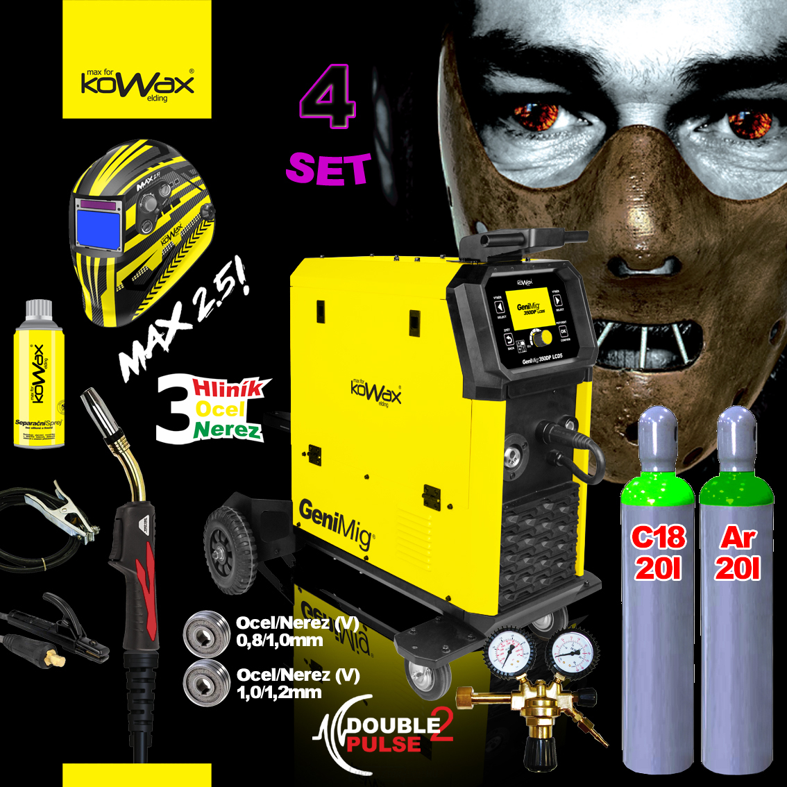 KOWAX GeniMig®350DP LCD5 SZETT 4 + teli CO2 palack + teli argon palack + szelep + szórófej + pisztoly + kábelek