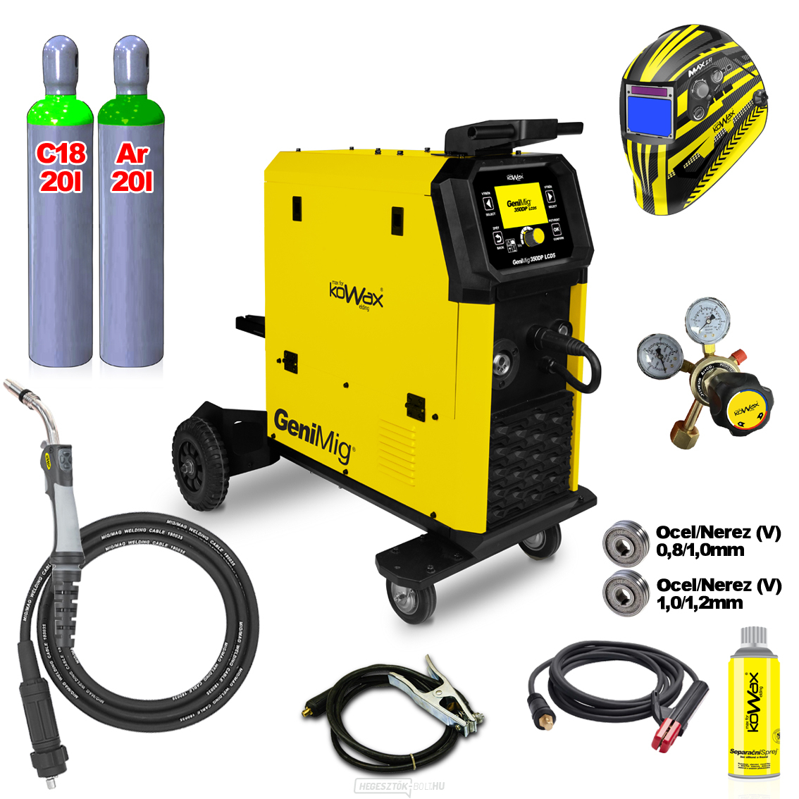 KOWAX GeniMig®350DP LCD5 + teljes argonpalack + CO2 palack + szelep + szórópisztoly + pisztoly + kábelek
