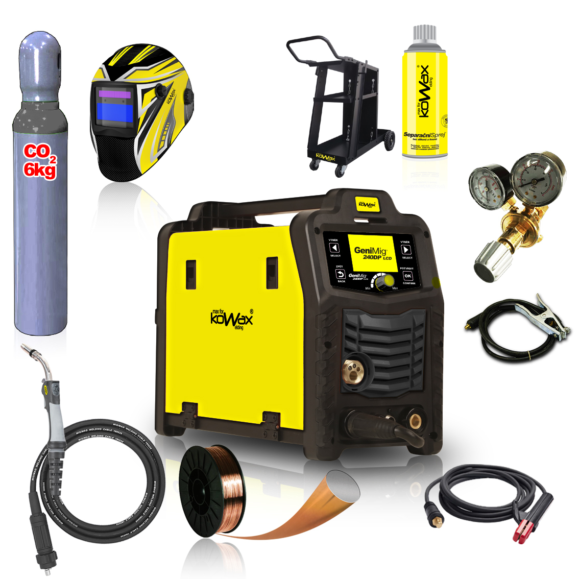 KOWAX GeniMig®240DP LCD + Zseblámpa + Sisak + Szelep + Váz + Teljes CO2 palack + Spray + 5 kg-os drót + Kábelek