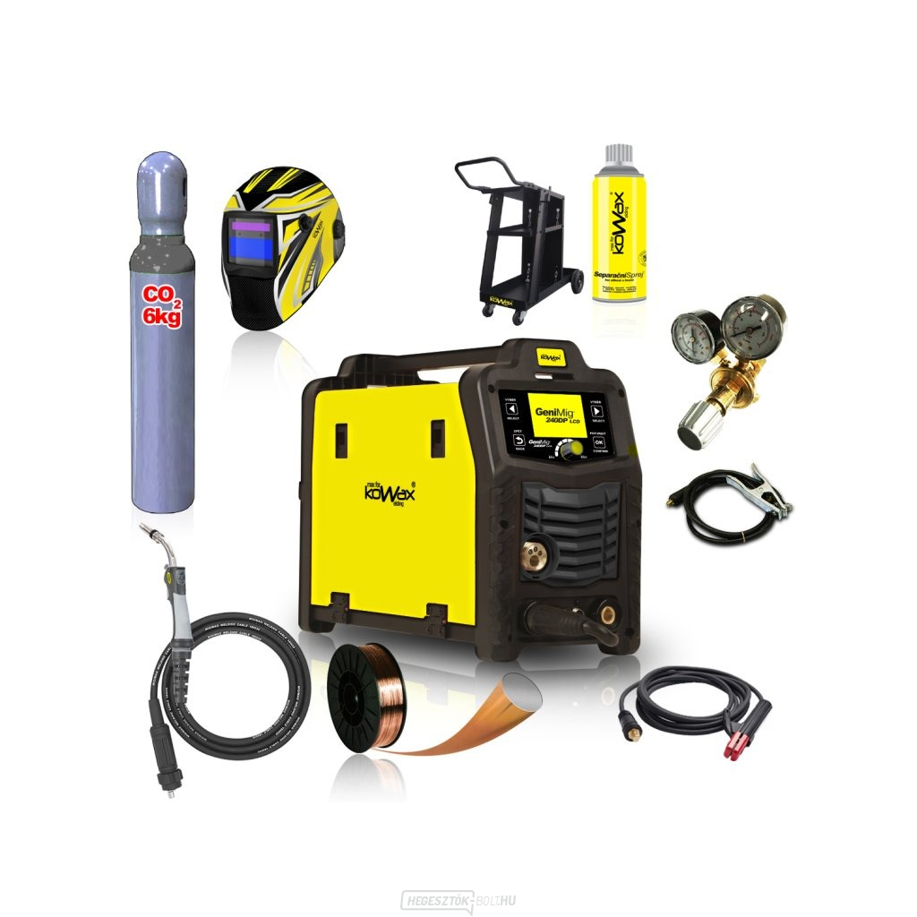 KOWAX GeniMig®240DP LCD + Zseblámpa + Sisak + Szelep + Váz + Teljes CO2 palack + Spray + 5 kg-os drót + Kábelek