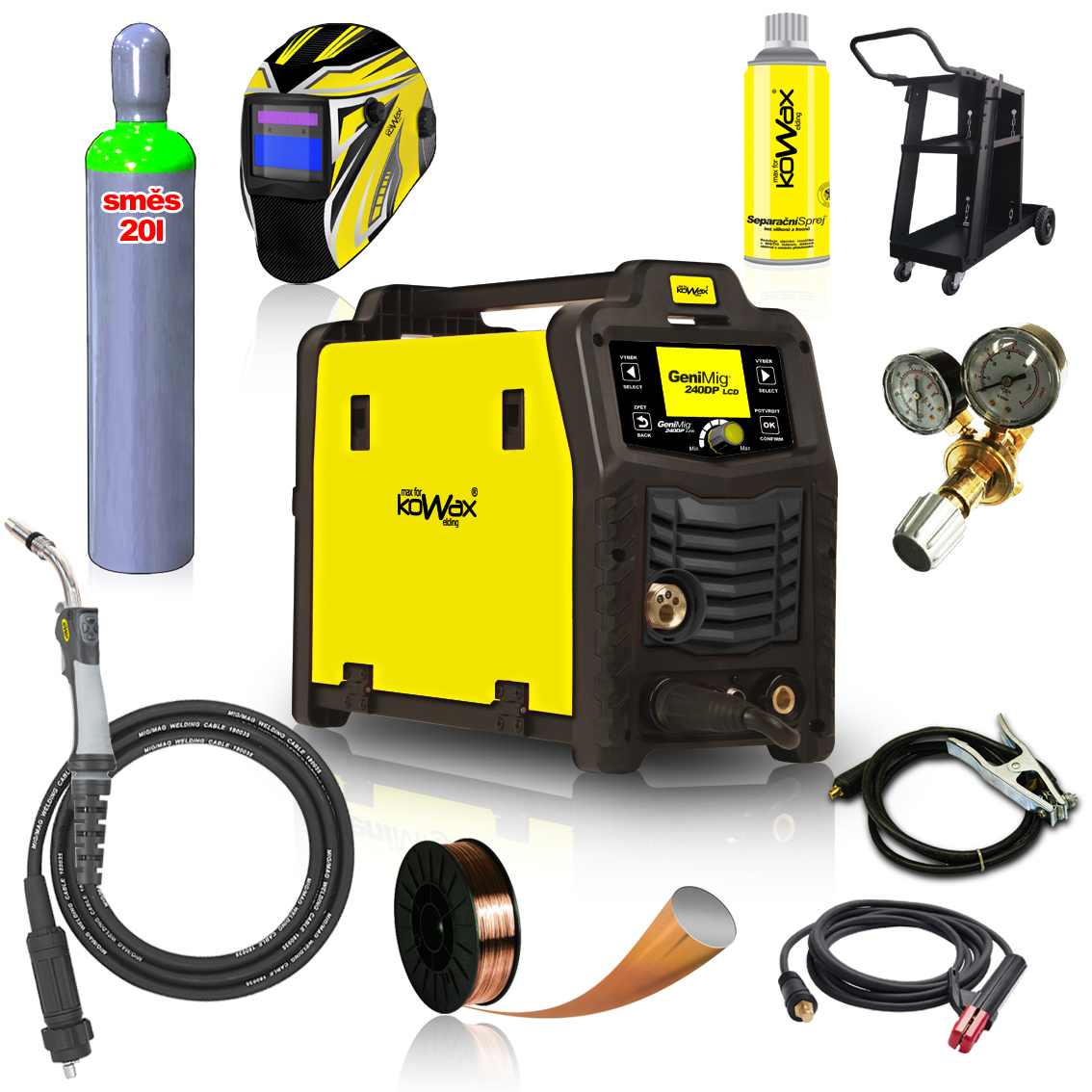 KOWAX GeniMig®240DP LCD + Zseblámpa + Sisak + Szelep + Váz + Teljes flakon MIX C18 20L + Spray + 5kg drót + Kábelek