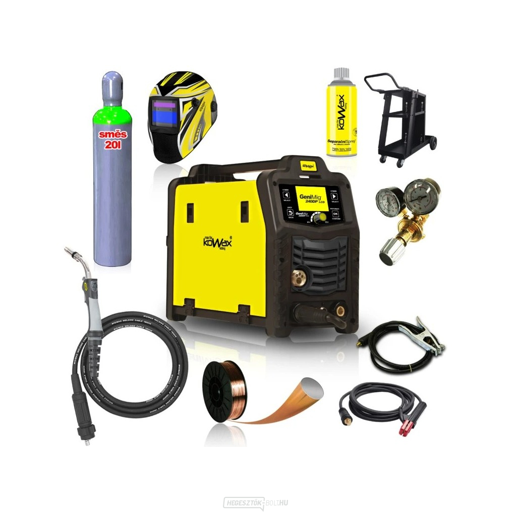 KOWAX GeniMig®240DP LCD + Zseblámpa + Sisak + Szelep + Váz + Teljes flakon MIX C18 20L + Spray + 5kg drót + Kábelek
