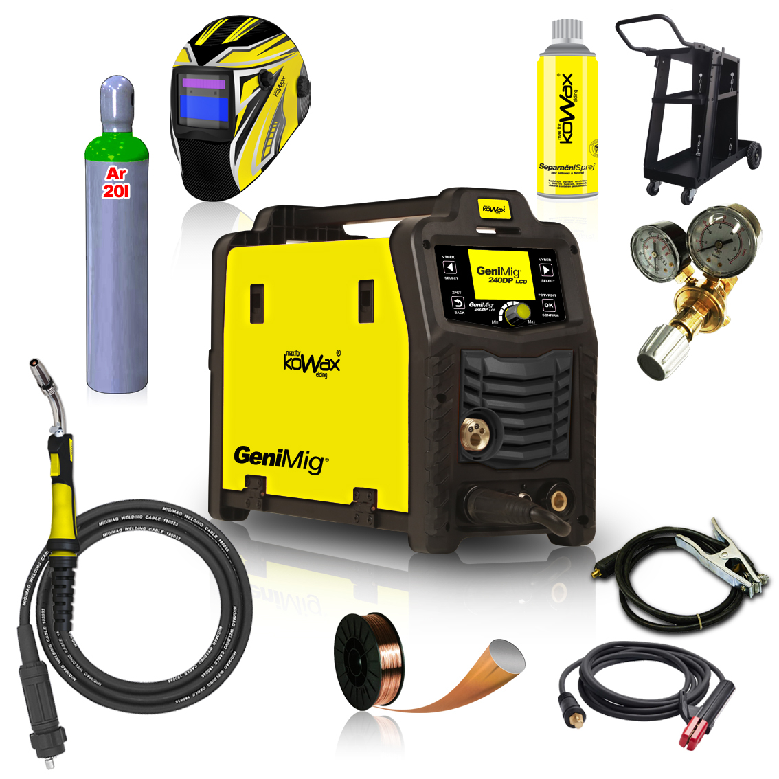 KOWAX GeniMig®240DP LCD + Pisztoly + Sisak + Szelep + Váz + Teljes argonpalack + Sprayszóró + 5 kg-os huzal + Kábelek
