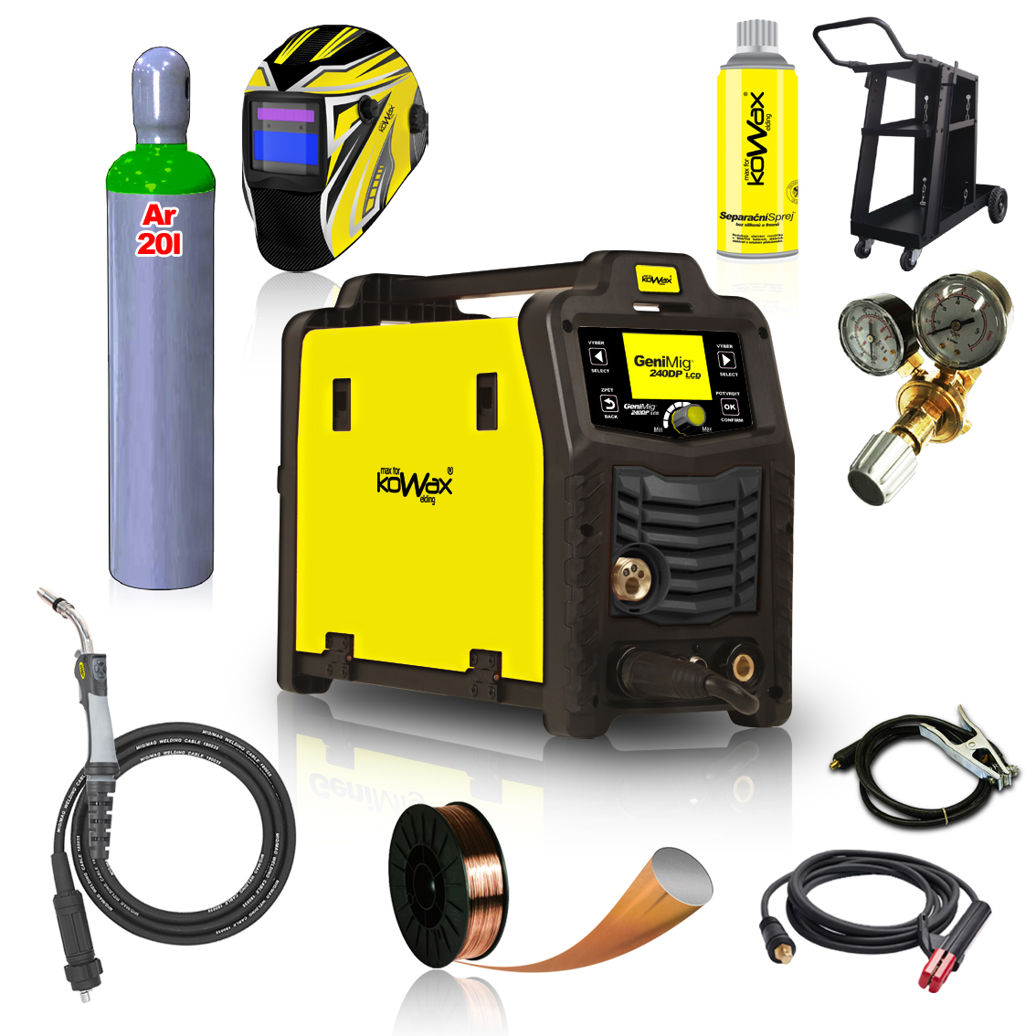 KOWAX GeniMig®240DP LCD KÉSZLET + Pisztoly + Sisak + Szelep + Váz + Teljes argonpalack + Sprayszóró + 5 kg-os drót + Kábelek