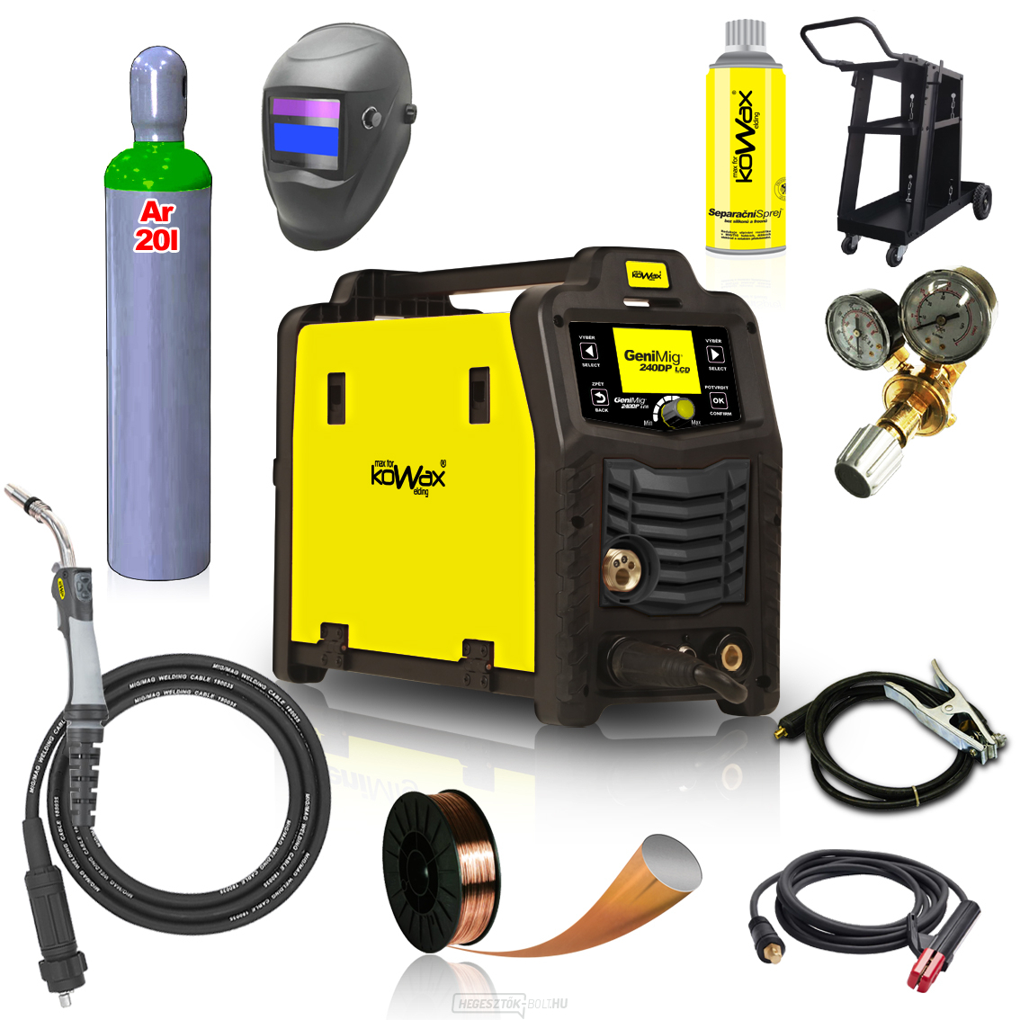 KOWAX GeniMig®240DP LCD KÉSZLET + Pisztoly + Sisak + Szelep + Váz + Teljes argonpalack + Sprayszóró + 5 kg-os drót + Kábelek